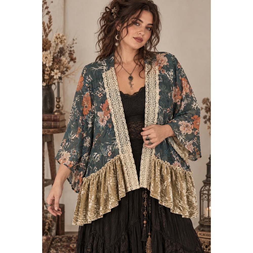 Floral Chiffon Kimono XL Velvet Ruffle Boho Cottagecore Fairycore